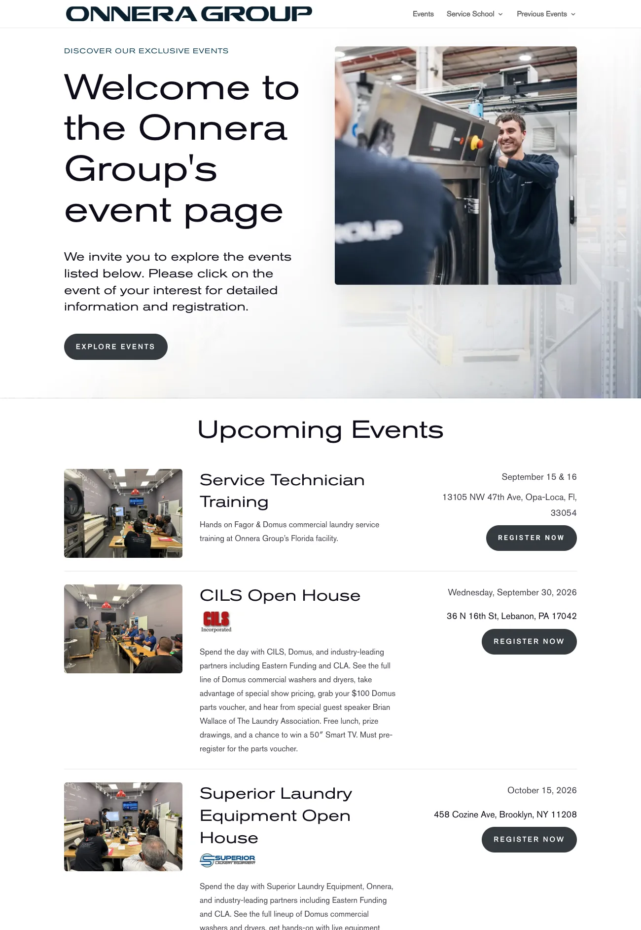 Onnera Group events page listing technician training and distributor open houses